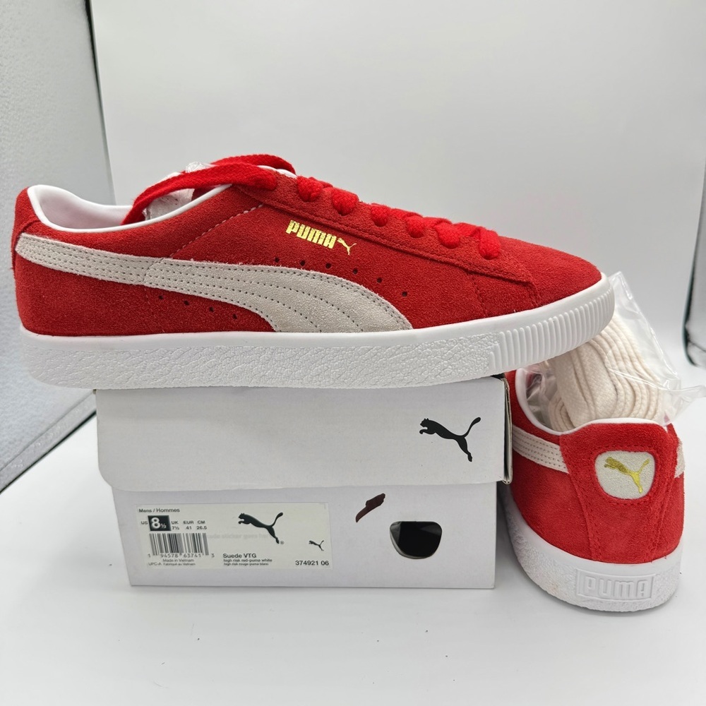 NWT Puma Suede VTG Textured Leather Sneakers , extra laces , high risk red white - Picture 12 of 16